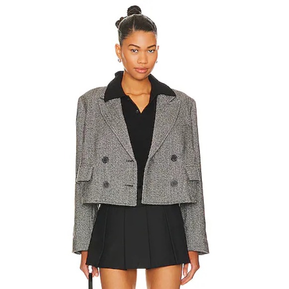 Free People Jackets & Blazers - Free People Grey Herringbone Cropped Blazer Double‎ Breasted Jacket XS